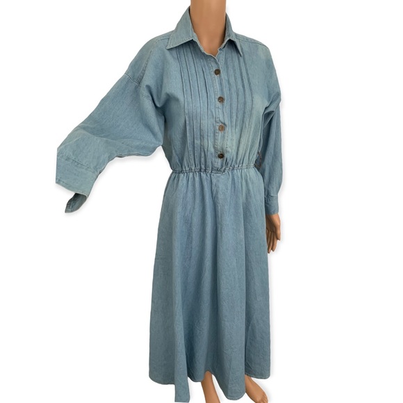 80s Chambray Dress Carol Anderson Long Sleeve Vintage AS IS Bleached - Picture 5 of 7